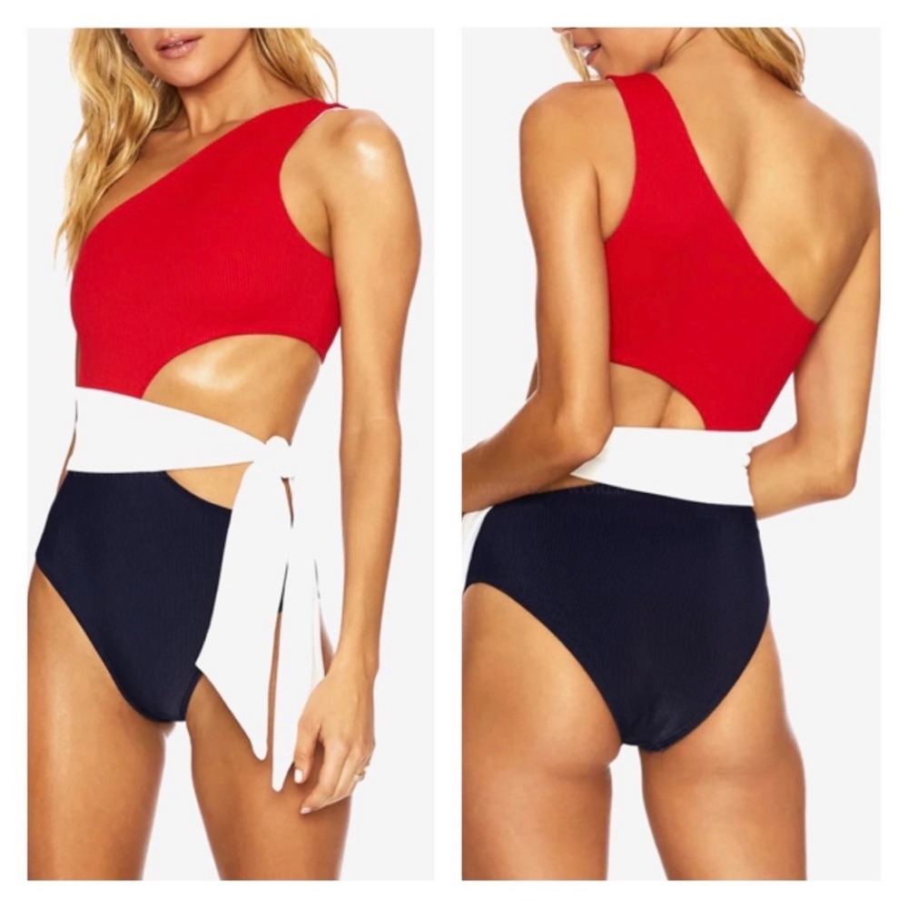 Beach Riot One Piece Swimsuit Womens S Red White Blue Excellent Ribbed Cutout